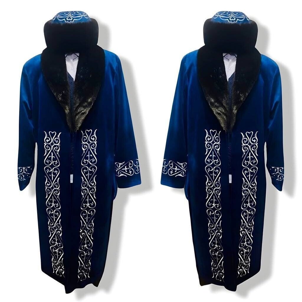 Shapan Chapan Kazakh Ethnic Luxury Jacket Set Blue XXXL  Blue