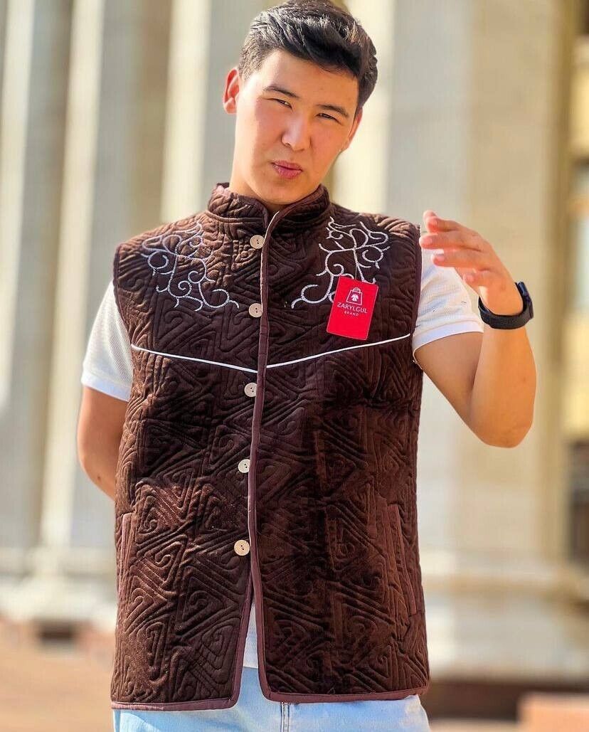 Shapan Kamzol Kazakh Mongol Vest Ethnic Luxury  XXL Brown