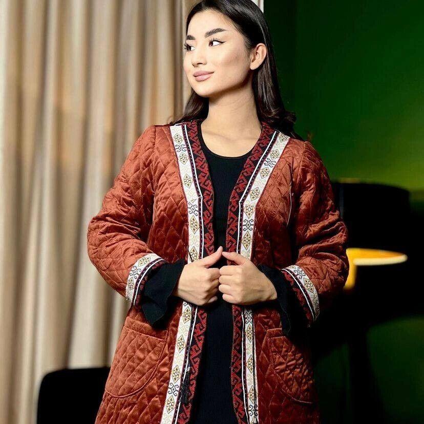 Women's Shapan Dress Shirt Ethno Kazakh Brown