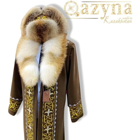 Shapan Kazakh Ethnic Luxury Jacket  Fox and raccoon with cap Beige XXL