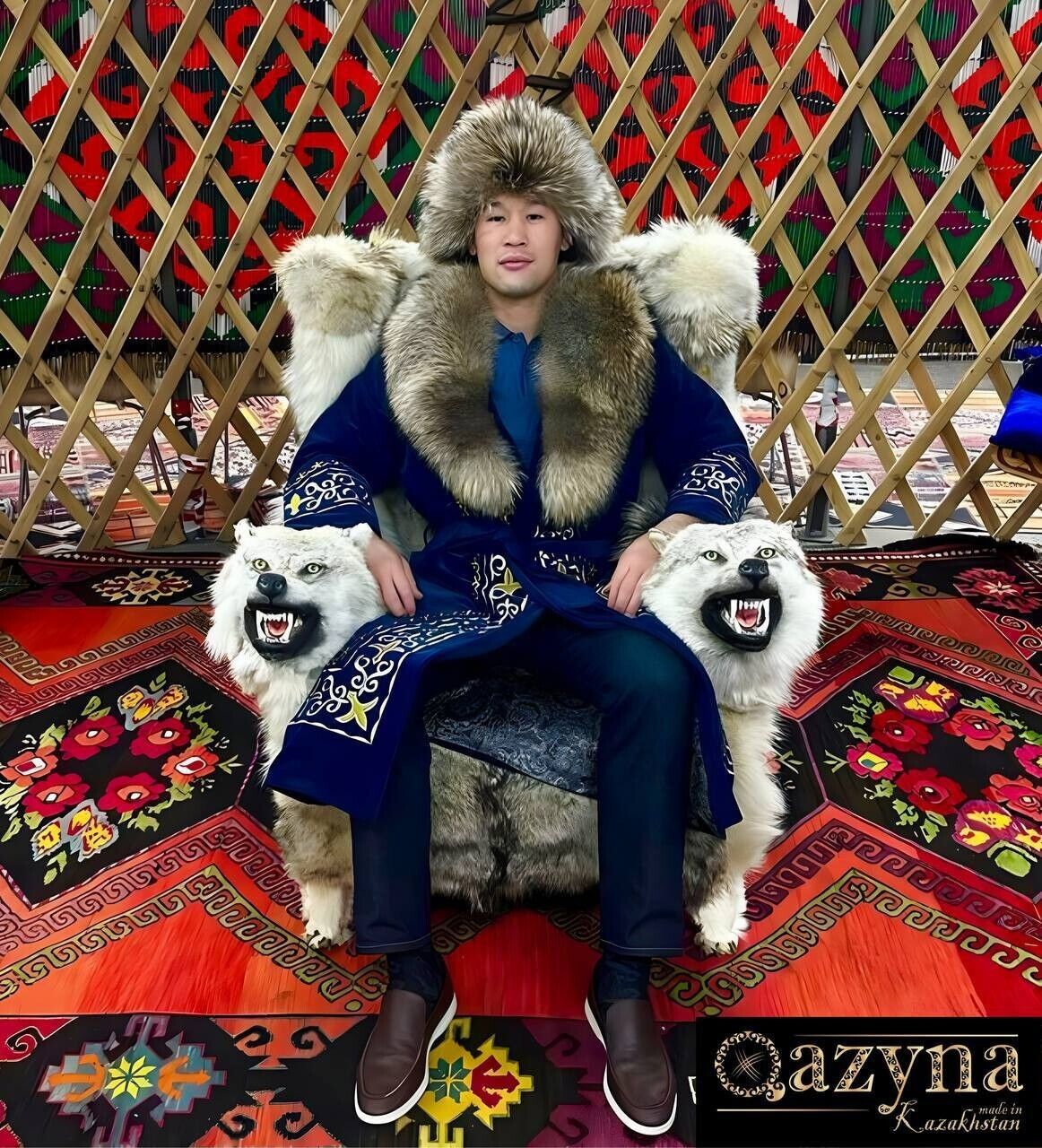 Shapan Kazakh Ethnic Luxury Jacket Silver fox fur with cap 2XL