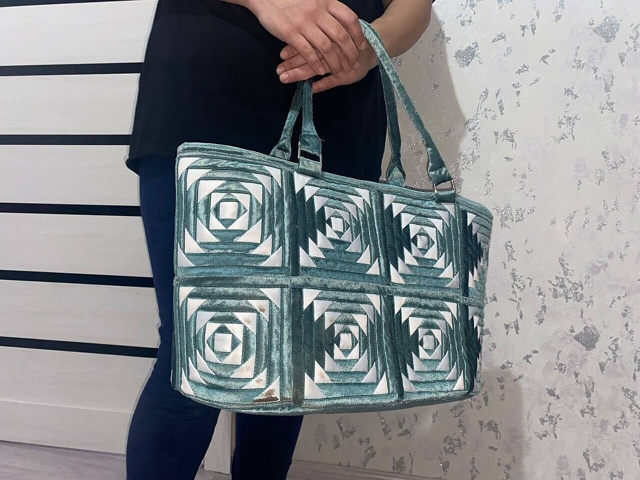 Women's Luxurious Handmade Bag: Geometric Patterns, Royal Velor