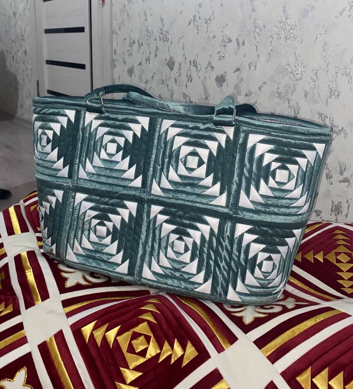 Women's Luxurious Handmade Bag: Geometric Patterns, Royal Velor