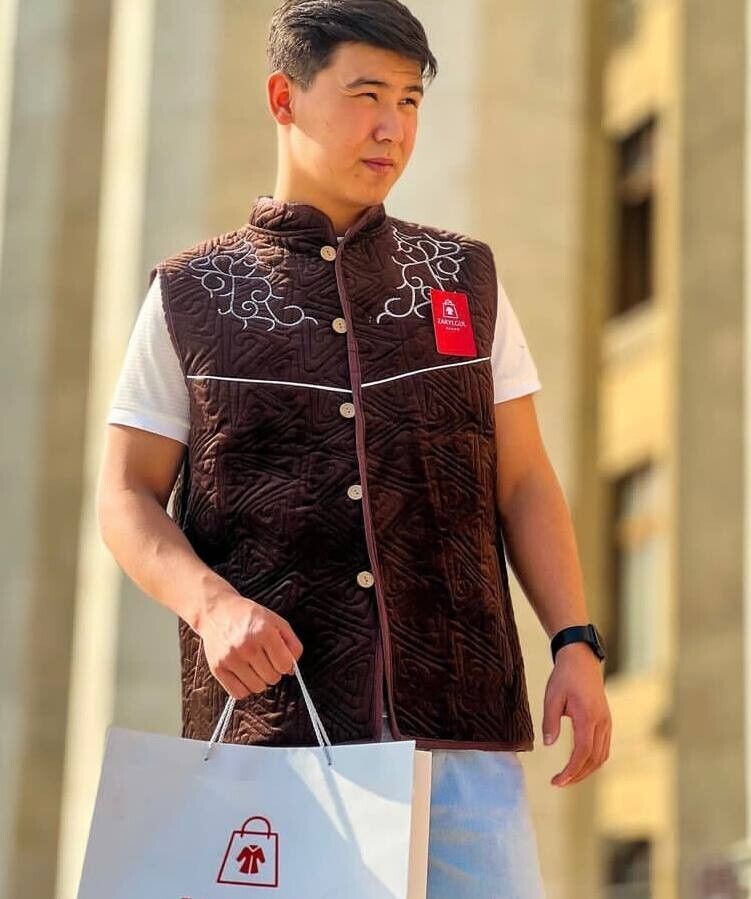 Shapan Kamzol Kazakh Mongol Vest Ethnic Luxury  XXL Brown