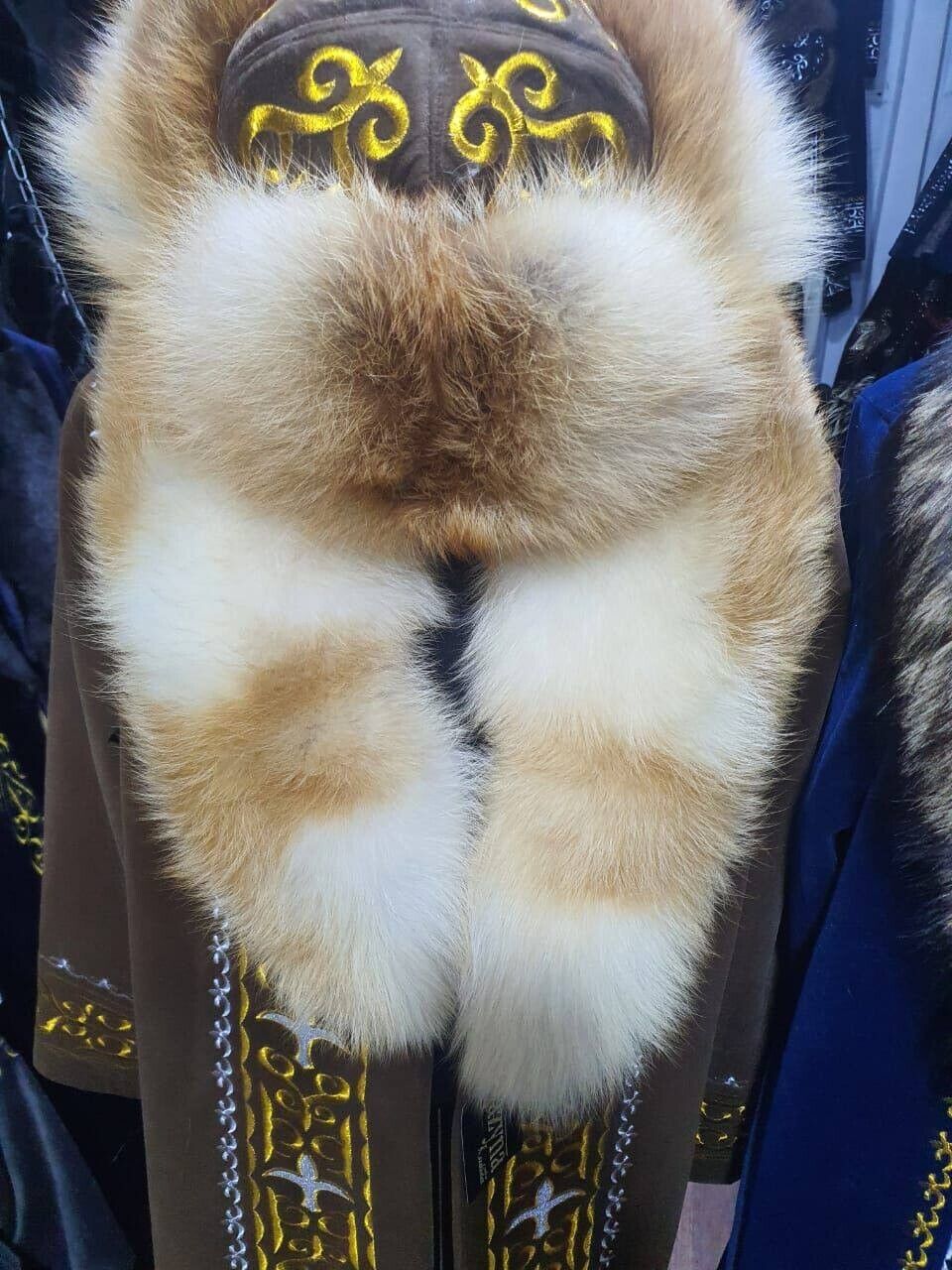 Shapan Kazakh Ethnic Luxury Jacket  Fox and raccoon with cap Beige XXL