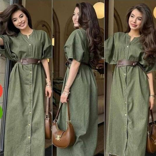 Women's Khaki Denim Dress with Belt