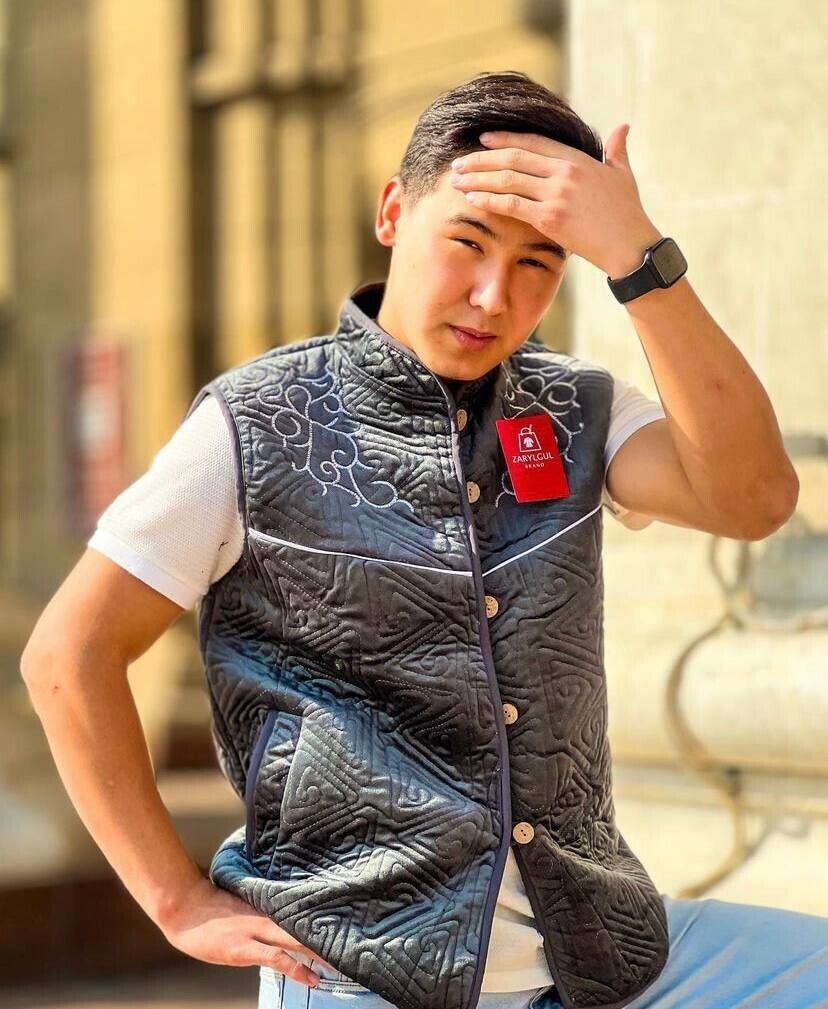 Shapan Kamzol Kazakh Mongol Vest Ethnic Luxury Clothing  XXL Grey