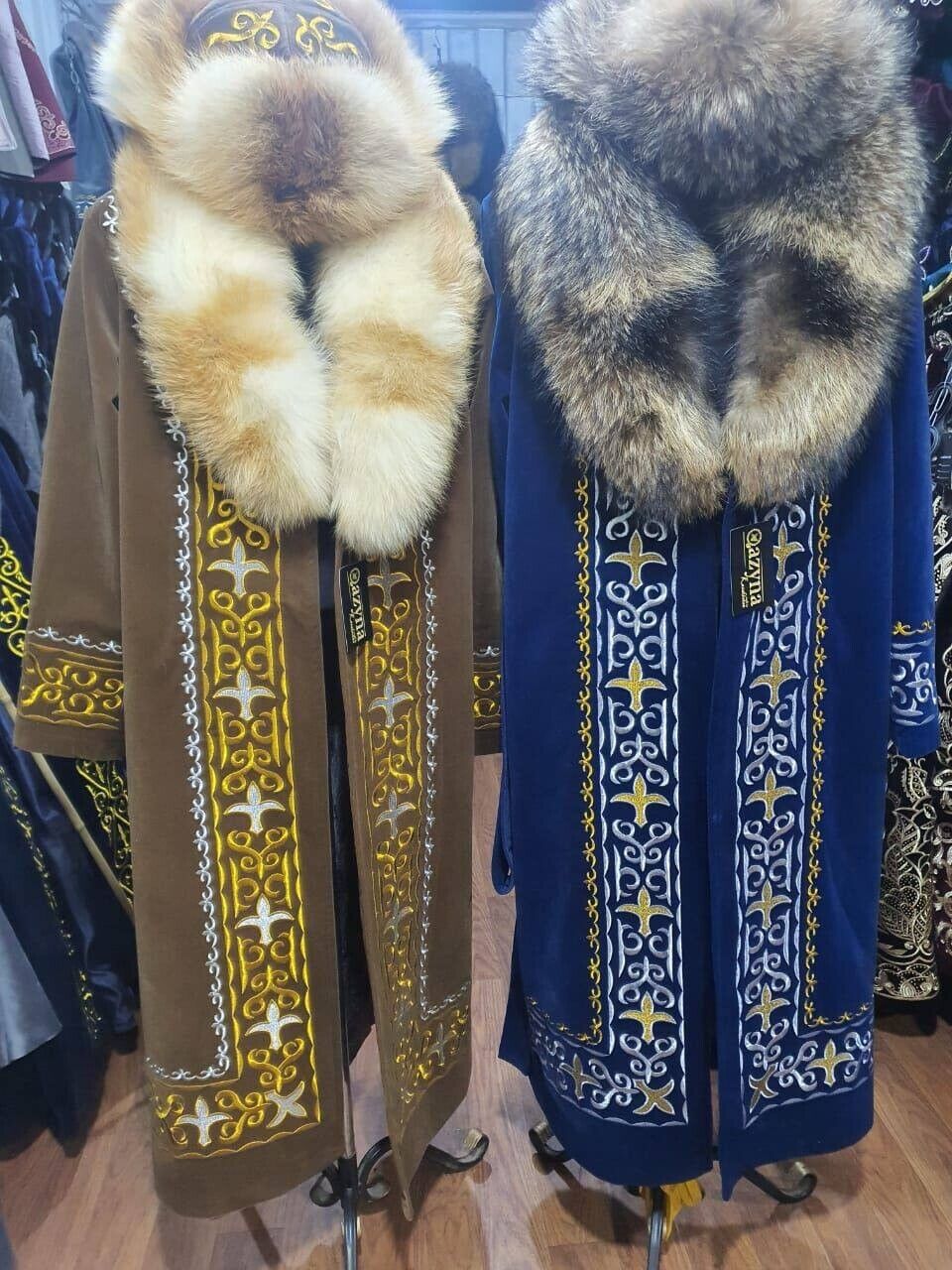 Shapan Kazakh Ethnic Luxury Jacket  Fox and raccoon with cap Beige XXL